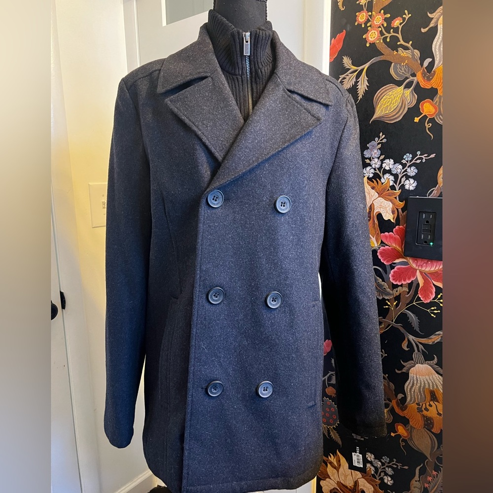 Kenneth Cole Reaction Men's Wool-Blend Double-Breasted Peacoat with Bib